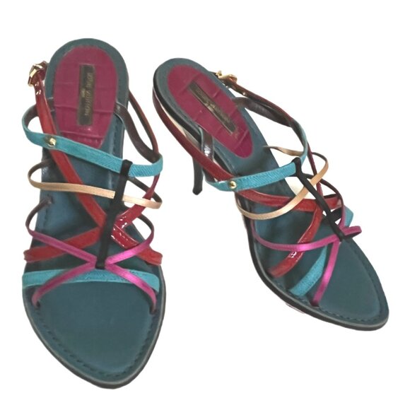 Louis Vuitton Vintage Multi Color Strappy Heeled Sandals Size 37.5 / US Size 7.5 - Picture 1 of 10